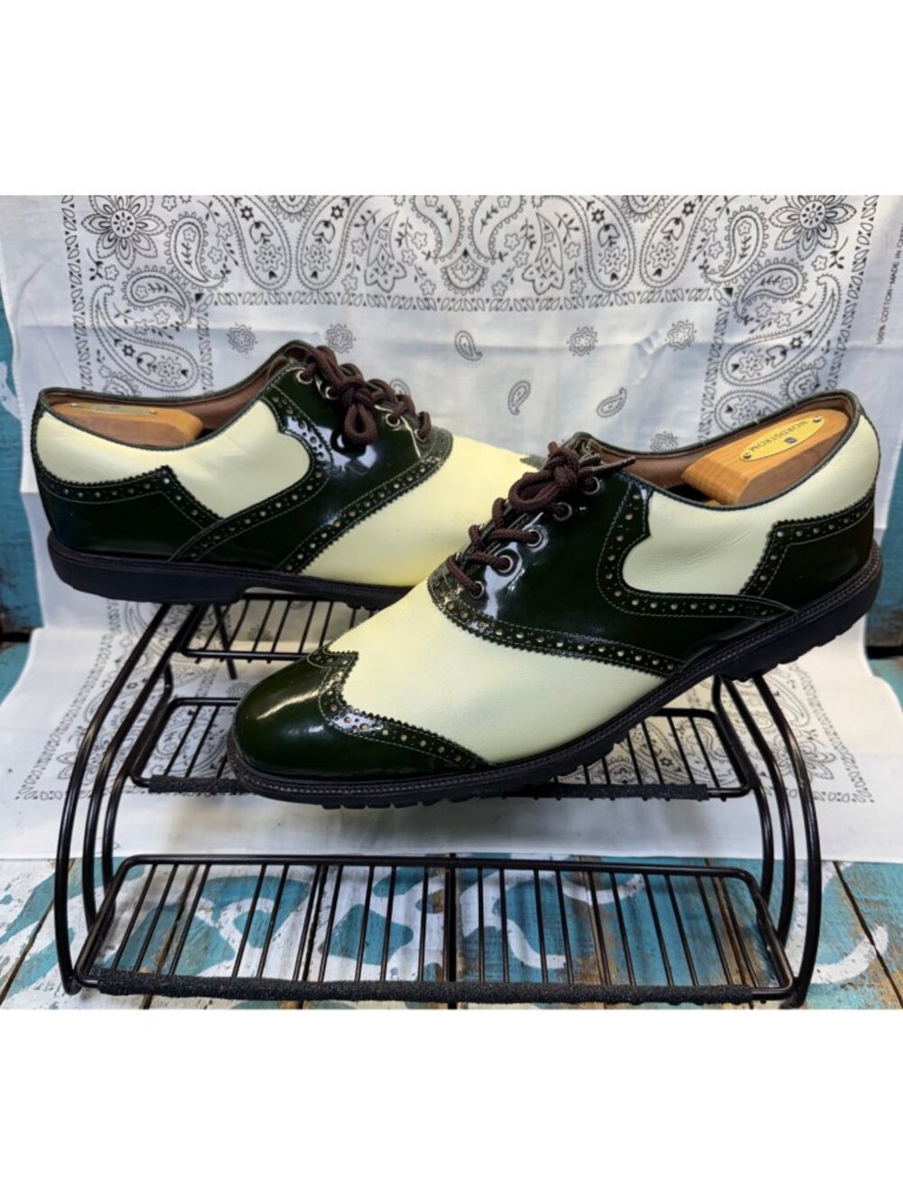 FootJoy MyJoys Icon Shield Tip Golf Shoes Mens 11.5 Leather Green/Cream 52300